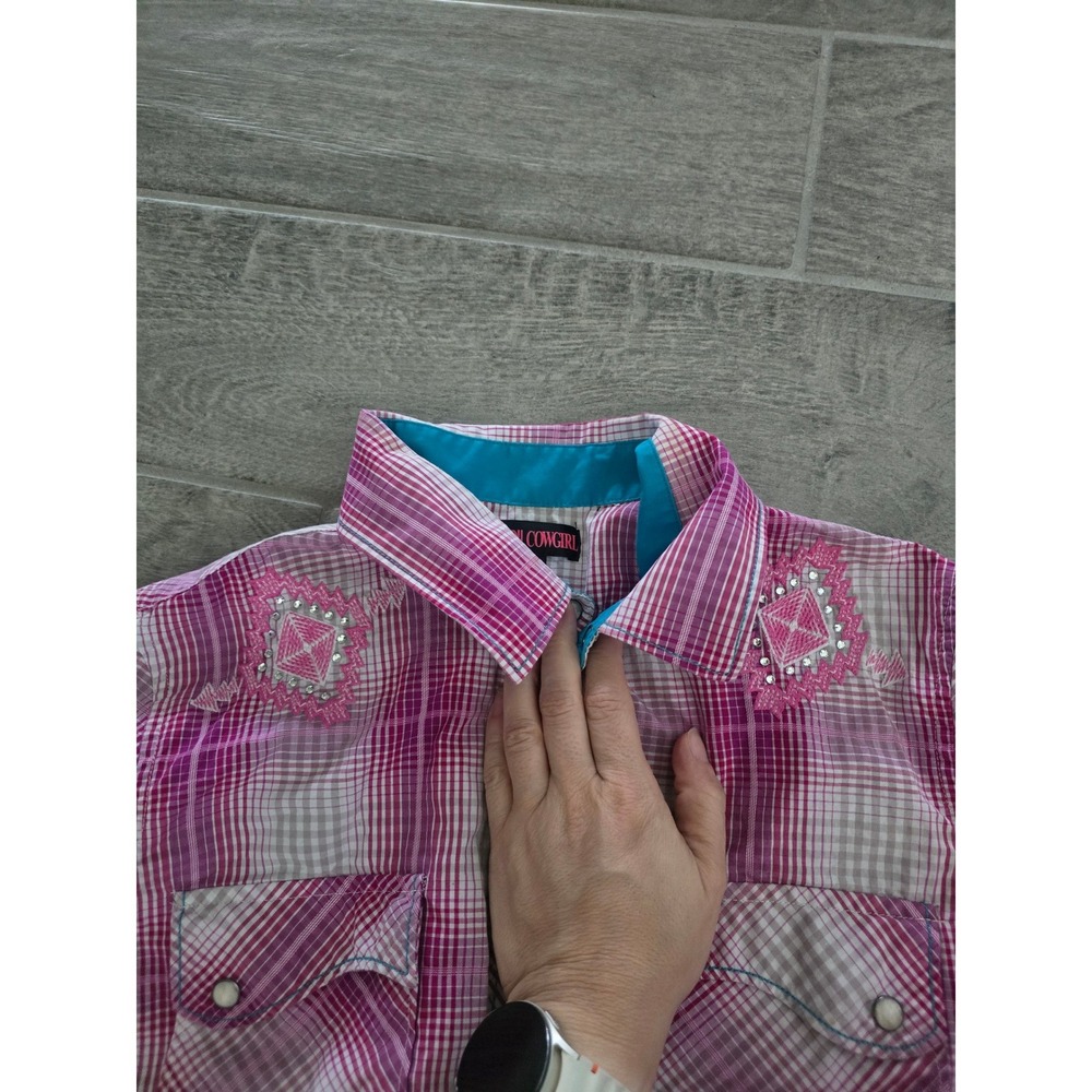 Rock & Roll Cowgirl Pink Plaid Rhinestone Embroidered Western Pearl Snap Shirt M - Picture 5 of 8